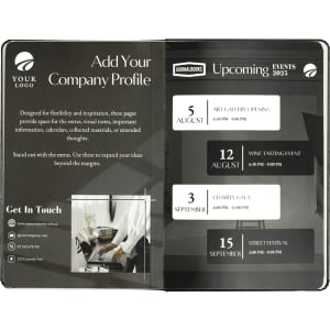 A black Ambassador Bound JournalBook featuring event listings and a logo on the cover.