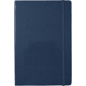 A navy blue journal with a textured cover and an elastic band closure, featuring a logo.