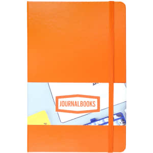An orange notebook with a band and a logo, featuring a smooth cover and rounded corners.