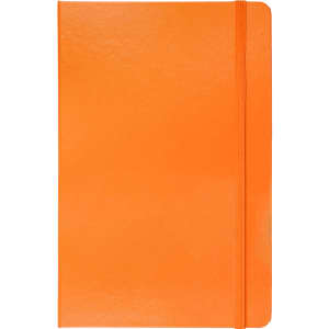 An orange notebook with a smooth finish and elastic band closure, featuring a logo on the front.