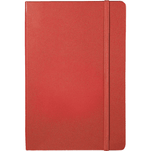 A red bound journal with an elastic closure, featuring a textured surface and a logo.
