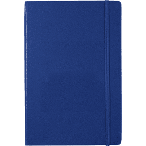 A blue journal with a textured cover and an elastic band closure. It features a logo on the front.