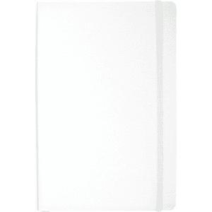 A white hardcover journal with an elastic band closure and a simple design, featuring a logo on the front.