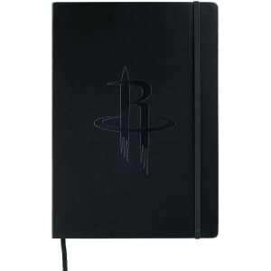 A black bound journal with an embossed logo on the cover and an elastic closure.