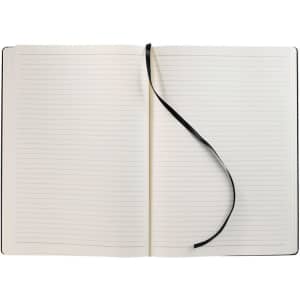 A large bound journal with lined pages and a black ribbon bookmark, featuring a black cover.