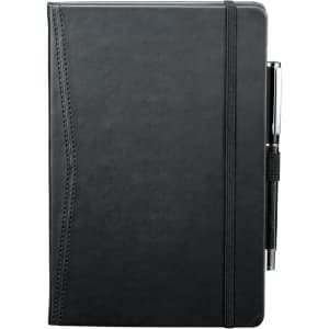A black pocket bound journal with an elastic closure and a pen holder on the side.