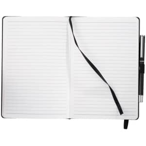 A black bound journal with lined pages, featuring a ribbon bookmark and a pen attached.