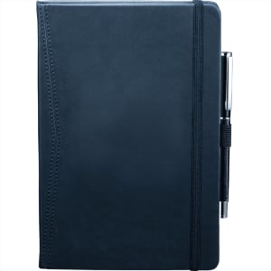 A navy blue pocket-bound journal with a textured cover and an attached pen. It features a logo on the front.