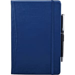 A navy blue pocket-bound journal with an elastic band and a pen attached. It features a sleek, smooth cover.