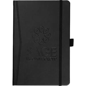 A black, pocket-sized bound journal with an elastic closure and branding on the cover.