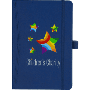 A blue bound journal with a decorative star design and a logo. It has an elastic closure and is pocket-sized.