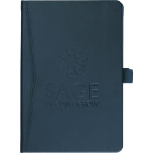 A navy blue bound journal with a textured cover and an embossed logo on the front.