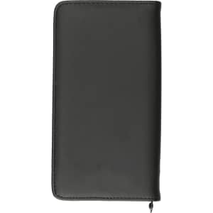 A black travel wallet with a smooth finish and a zip closure, featuring a simple design and a logo.