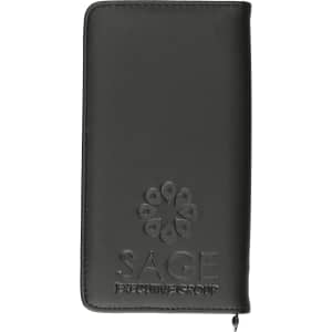 A sleek black travel wallet with a textured surface, featuring a logo on the front.