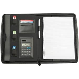 A black imitation leather compendium featuring a calculator, notepad, pen, and pockets for cards and notes.