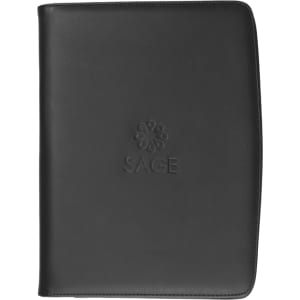 A black imitation leather A4 compendium featuring a logo on the front cover, ideal for office use.