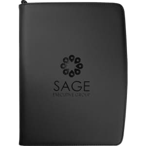 A A4 compendium in black imitation leather featuring a logo on the front cover.