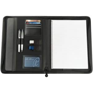 A black imitation leather compendium with a notepad, card slots, and two pens. It features a zip closure and branding.