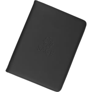 A black imitation leather compendium with a logo on the front. Suitable for office and business use.