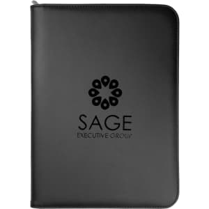 A black imitation leather compendium featuring a logo on the front, ideal for office use.