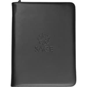 A black imitation leather A4 compendium featuring a logo on the front.