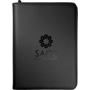 A black imitation leather A4 compendium featuring a logo on the front cover.