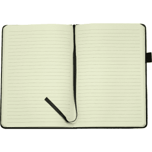 A black A5 notebook with recycled paper, featuring lined pages and a ribbon bookmark.
