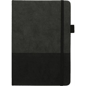A5 thermo notebook in black with a textured cover and black elastic band closure, featuring a logo.
