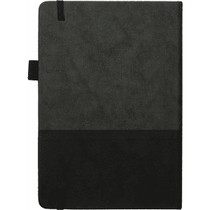 A5 Thermo Notebook in black with a textured finish, featuring a logo and an elastic band closure.