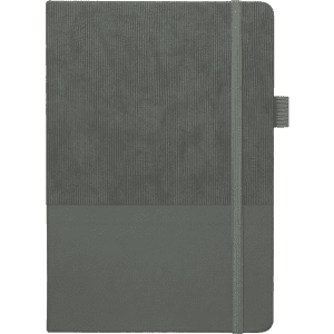 A5 Thermo Notebook featuring a textured grey cover and a matching elastic closure, made with recycled paper.