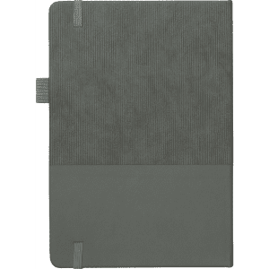 A5 notebook in grey with a textured cover and elastic closure, featuring recycled paper. It includes a logo.