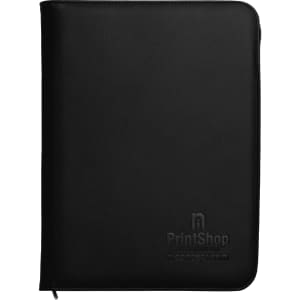 A black recycled A4 zip portfolio with a logo on the front. Ideal for office and business use.