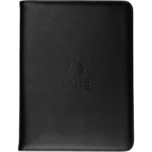 A black recycled A4 zip portfolio with a logo embossed on the front.