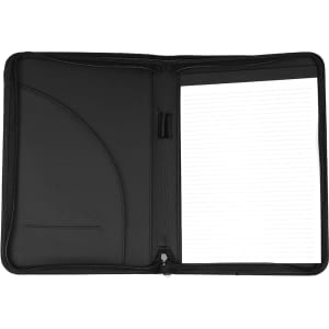 A black recycled A4 zip portfolio featuring a pocket and lined notepad inside. Contains a logo.