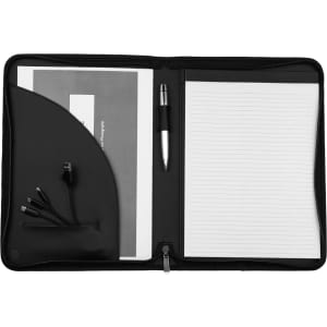 A black recycled A4 zip portfolio featuring a notepad, pen, and a compartment for cables.