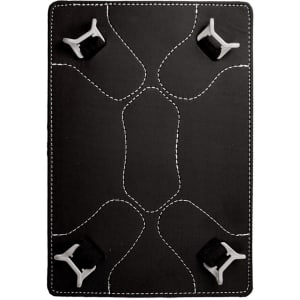 A black iPad holder for a compendium, featuring four white clips and contrasting stitching.