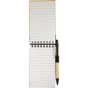 A recycled jotter with a black pen, featuring tan and white colours, displaying blank lined pages.