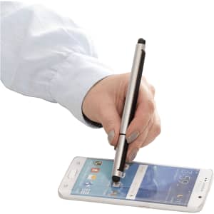 A silver stylus pen in use on a smartphone screen, held by a hand wearing a light blue shirt.