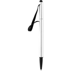 A silver stylus pen with a black tip and a black elastic strap, featuring a logo.