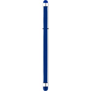A blue stylus pen with a silver body and rubber tips on both ends. It features a logo on the barrel.