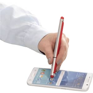 A hand holding a silver and red stylus pen, writing on a smartphone screen. The pen has a rounded tip for precision.