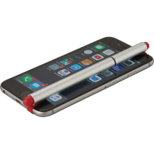 A stylus pen in silver with red accents rests on top of a smartphone, featuring a logo on the pen.