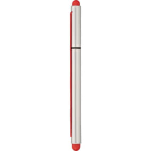 A silver and red stylus pen with a sleek design and rounded tips on both ends, featuring a logo.