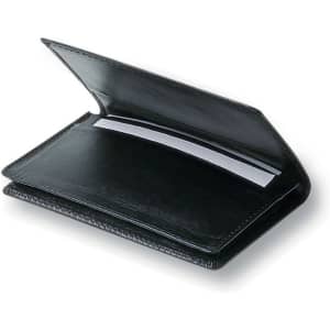 A black leather business card holder featuring two slots for cards and an open design.