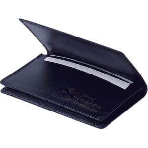 A black business card holder with an open flap and a logo on the surface. Contains multiple card slots inside.