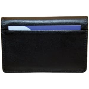 A black business card holder with a sleek design and a pocket for holding cards. Features a simple logo.