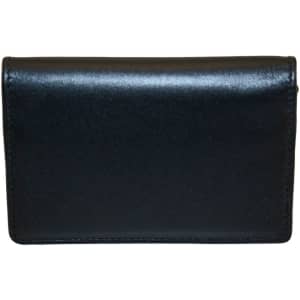 A black business card holder with a sleek and glossy finish, featuring a simple design and a logo.