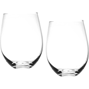 A set of two clear, stemless wine glasses with a modern design, featuring a smooth rounded shape.