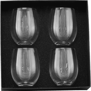 A set of four clear glass wine glasses displayed in a black gift box with a textured interior.