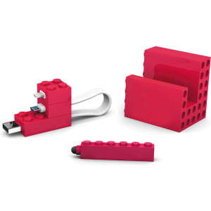 A red 3-in-1 mobile set featuring a USB drive, a phone stand, and a stylus, all with a block design.